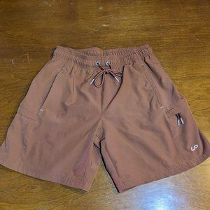Unipro Trek men's orange 7" inseam hiking exercise workout zipper pocket shorts